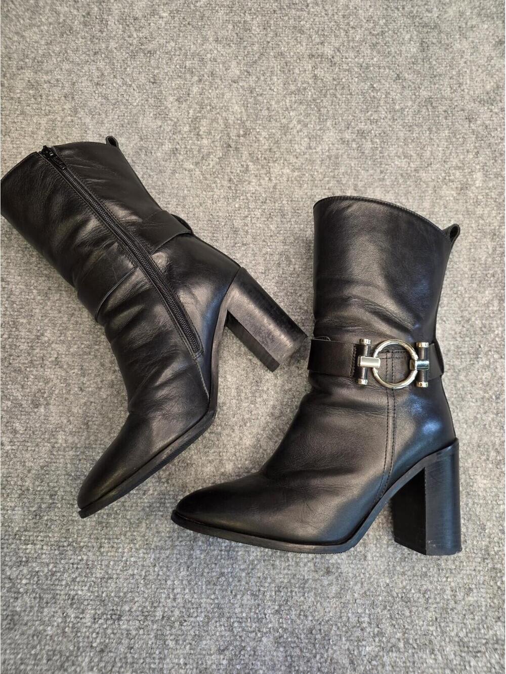NAPOLEONI Italian Handcrafted  Mid Calf Leather  Women Boots  Black Sz 6.5/37